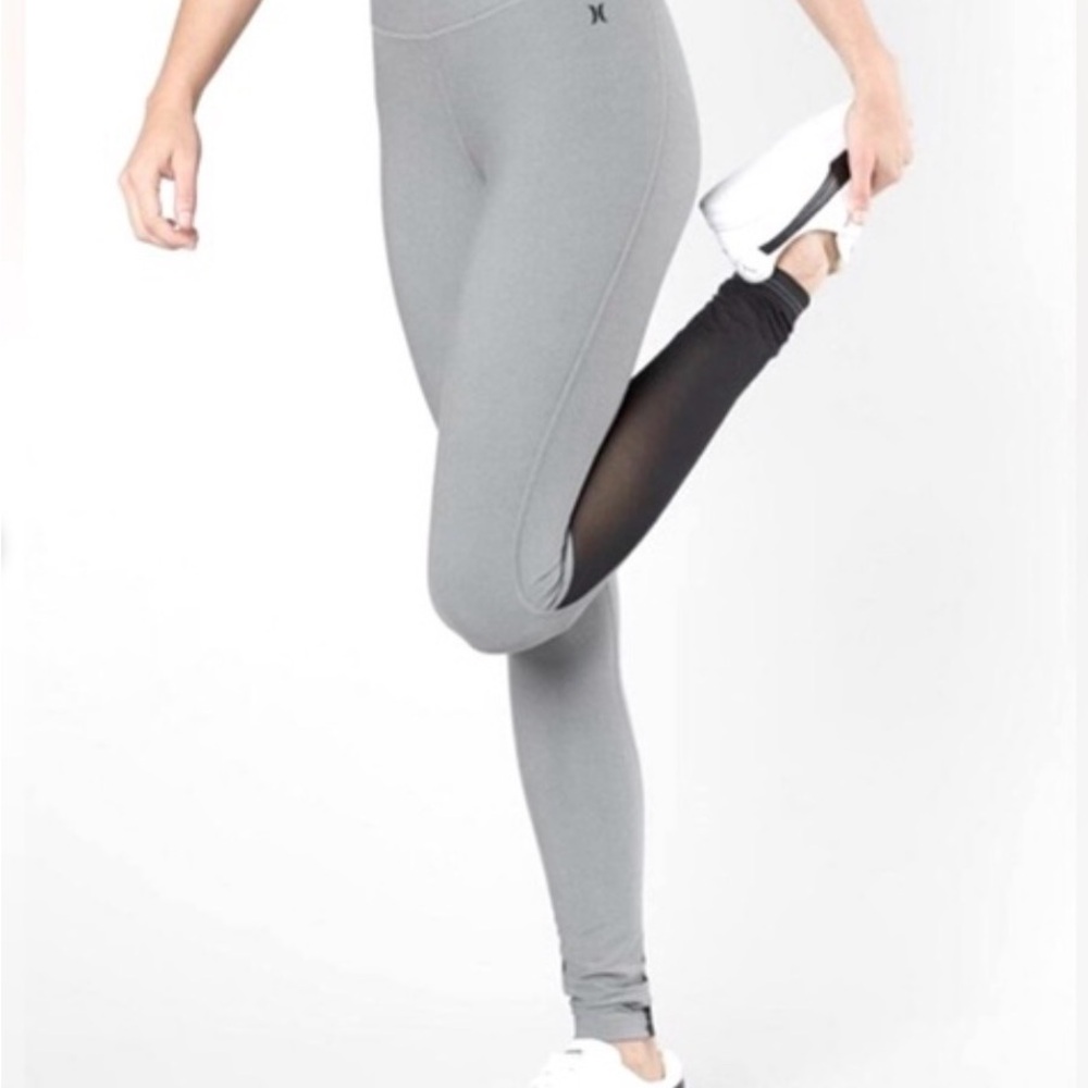 Hurley Light Gray High-Waist Leggings with Black Mesh Panel